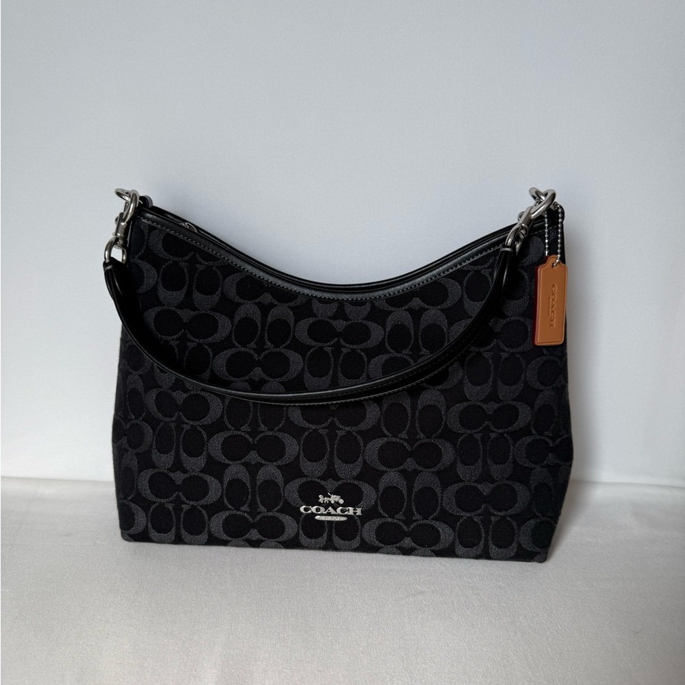 NWT Coach Laurel Shoulder Bag Signature Black/Silver Denim CDE44 price is firm